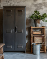 Industrial baby and kids room with a dark gray metal locker, a reclaimed wood pallet bookshelf, and a galvanized metal storage bucket on a concrete-effect accent wall.