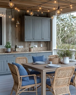Cozy coastal outdoor kitchen featuring weathered gray cabinetry, honed travertine countertops, a teak dining table with comfortable cushioned chairs, and warm string lights overhead, accented with woven rattan and soft indigo textiles.