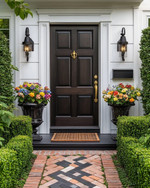 A traditional front yard featuring a dark wood front door with brass hardware, flanked by symmetrical boxwood hedges and modern matte black sconces. A reclaimed brick pathway leads to the entrance, with a vintage cast iron urn holding colorful flowers and a sleek geometric doormat. — styling and décor detail