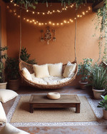 A cozy boho porch featuring a rattan hanging chair, a jute rug, and a low wooden coffee table surrounded by plush cream cushions. Fairy lights are strung overhead, and various potted plants add greenery against a backdrop of warm terracotta walls. — close-up of textures and materials