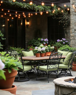 A cozy traditional patio featuring a wrought iron dining set with sage green cushions, a wooden dining table, and warm string lights draped overhead. Terracotta pots filled with lush greenery and blooming hydrangeas are placed around a stone fire pit. — alternate angle