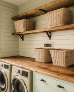 A cozy farmhouse laundry room featuring reclaimed wood countertops, open wooden shelving, and large wicker laundry baskets. Walls are painted in a soft sage green, complemented by creamy white shiplap, and matte black hardware on cabinets.