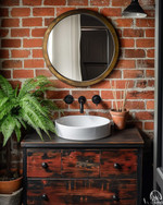 Industrial bathroom with a warm red exposed brick wall, a dark wood reclaimed vanity with a white ceramic basin, and matte black fixtures. A large round mirror with an aged brass frame hangs above the vanity, complemented by a lush green fern in a terracotta pot. — close-up of textures and materials