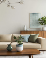 A Mid-Century Modern great room featuring a low-slung sofa in warm beige, a walnut credenza, and a Noguchi coffee table. Accents of sage green and a muted sky blue are visible in throw pillows and a ceramic vase, with a Sputnik chandelier overhead and a Fiddle Leaf Fig in a white planter. — close-up of textures and materials