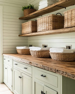 A cozy farmhouse laundry room featuring reclaimed wood countertops, open wooden shelving, and large wicker laundry baskets. Walls are painted in a soft sage green, complemented by creamy white shiplap, and matte black hardware on cabinets. — styling and décor detail