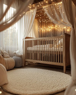 A rustic baby and kids room with a warm, soft glow from layered lighting, featuring a natural wood crib, a cream wool rug, linen curtains, and subtle string lights draped over a canopy. — styling and décor detail