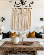 A Farmhouse Craft living room featuring a large, hand-carved reclaimed oak coffee table, a woven macrame wall hanging in ivory, and a wrought-iron chandelier, with ceramic table lamps and deep ochre throw pillows. — close-up of textures and materials