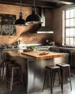 An industrial kitchen featuring exposed brick walls, a large stainless steel island with a butcher block top, and matte black factory-style pendant lights, complemented by distressed leather bar stools and a vintage metal sign. — close-up of textures and materials