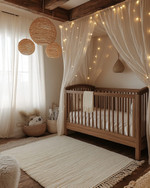 A rustic baby and kids room with a warm, soft glow from layered lighting, featuring a natural wood crib, a cream wool rug, linen curtains, and subtle string lights draped over a canopy. — close-up of textures and materials