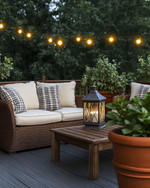 A cozy farmhouse deck features deep-seated wicker furniture with cream cushions and plaid throw pillows, illuminated by warm string lights and a metal lantern. Terracotta pots with lush greenery and a rustic wooden coffee table complete the inviting outdoor scene.