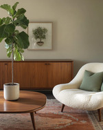 A Mid-Century Modern living room featuring a rich walnut credenza, a teak coffee table, and a cream bouclé lounge chair. The space is anchored by a wool rug in deep terracotta, accented with sage green linen pillows, and houses a tall fiddle-leaf fig in an unglazed ceramic planter. — alternate angle