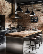 An industrial kitchen featuring exposed brick walls, a large stainless steel island with a butcher block top, and matte black factory-style pendant lights, complemented by distressed leather bar stools and a vintage metal sign.