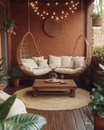 A cozy boho porch featuring a rattan hanging chair, a jute rug, and a low wooden coffee table surrounded by plush cream cushions. Fairy lights are strung overhead, and various potted plants add greenery against a backdrop of warm terracotta walls. — styling and décor detail
