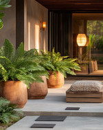 A serene Japandi-style driveway featuring large unglazed terracotta planters with lush green ferns, smooth concrete stepping stones, and subtle solar-powered pathway lights casting a warm glow. A simple wooden bench with a woven cushion sits near the entrance, embodying natural textures and minimalist design. — close-up of textures and materials