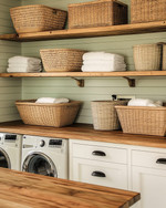 A cozy farmhouse laundry room featuring reclaimed wood countertops, open wooden shelving, and large wicker laundry baskets. Walls are painted in a soft sage green, complemented by creamy white shiplap, and matte black hardware on cabinets. — alternate angle