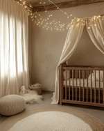 A rustic baby and kids room with a warm, soft glow from layered lighting, featuring a natural wood crib, a cream wool rug, linen curtains, and subtle string lights draped over a canopy.