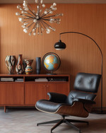 A sophisticated Mid-Century Modern library featuring an Eames Lounge Chair in black leather and walnut, an Arco floor lamp arching over, and a teak credenza displaying abstract ceramic vases and a vintage globe, all under the warm glow of a Sputnik chandelier. — styling and décor detail