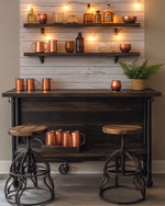 Rustic home bar with a dark wood bar cart, industrial-style wrought iron stools with wooden seats, and a backdrop of peel-and-stick shiplap wallpaper. Copper mugs, amber glass bottles, and a small potted fern adorn the shelves, illuminated by warm, string lights. — close-up of textures and materials