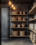 An industrial pantry featuring unfinished oak shelves, dark steel piping supports, and a polished concrete floor. Exposed Edison bulb pendants hang from the ceiling, illuminating woven wicker baskets and ceramic canisters in earthy tones. — close-up of textures and materials