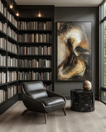A modern library featuring floor-to-ceiling matte black bookshelves filled with books, a low-profile charcoal leather armchair, a black marble side table, and a large abstract art piece on a wall painted in Benjamin Moore's Gray Owl, with warm task lighting. — alternate angle