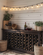 A cozy farmhouse wine cellar featuring a dark stained wooden wine rack filled with bottles, a rustic console table with a decanter, and warm string lights with Edison bulbs draped across a temporary shiplap wall in antique white. A few woven baskets and ceramic planters with subtle greenery complete the inviting, rustic aesthetic. — styling and décor detail