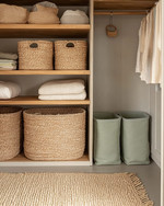 Boho closet storage with open mango wood shelving, large woven rattan baskets for toys, and canvas bins in muted sage green. A low-pile jute rug sits on the floor, and a small, dedicated hook is placed at a child's height. — alternate angle