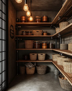 An industrial pantry featuring unfinished oak shelves, dark steel piping supports, and a polished concrete floor. Exposed Edison bulb pendants hang from the ceiling, illuminating woven wicker baskets and ceramic canisters in earthy tones. — alternate angle