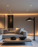 A modern living room at dusk with layered lighting, featuring recessed ceiling lights, a sleek matte black floor lamp beside a light gray sofa, and a sculptural pendant light illuminating a minimalist coffee table. Warm white light creates an inviting ambiance. — close-up of textures and materials