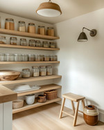 A bright Scandinavian pantry with open birch wood shelving, featuring a mix of modern glass jars with wooden lids and vintage ceramic crocks. A small wooden step stool sits on a light oak floor, with a modern ceiling light and a vintage-style task lamp providing illumination. — styling and décor detail