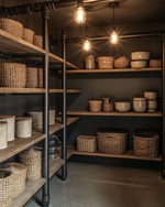 An industrial pantry featuring unfinished oak shelves, dark steel piping supports, and a polished concrete floor. Exposed Edison bulb pendants hang from the ceiling, illuminating woven wicker baskets and ceramic canisters in earthy tones. — styling and décor detail