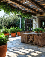 A rustic patio featuring a large flagstone patio surface, a solid wood dining table with woven rattan chairs, and terracotta planters filled with lush green plants under a natural wood pergola. — alternate angle