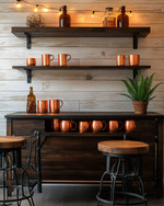Rustic home bar with a dark wood bar cart, industrial-style wrought iron stools with wooden seats, and a backdrop of peel-and-stick shiplap wallpaper. Copper mugs, amber glass bottles, and a small potted fern adorn the shelves, illuminated by warm, string lights. — styling and décor detail
