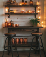 Rustic home bar with a dark wood bar cart, industrial-style wrought iron stools with wooden seats, and a backdrop of peel-and-stick shiplap wallpaper. Copper mugs, amber glass bottles, and a small potted fern adorn the shelves, illuminated by warm, string lights. — alternate angle
