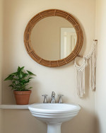A cozy boho powder room featuring a round rattan mirror above a white pedestal sink, a small Pothos plant in a terracotta pot, and a macrame wall hanging on a light beige wall. — alternate angle