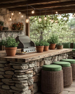 A cozy rustic outdoor kitchen featuring a stacked stone island with a natural wood countertop, a built-in grill, and string lights draped overhead. Terracotta pots with herbs sit on the counter, and comfortable wicker stools with green cushions are pulled up to the bar. — styling and décor detail