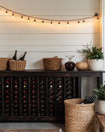 A cozy farmhouse wine cellar featuring a dark stained wooden wine rack filled with bottles, a rustic console table with a decanter, and warm string lights with Edison bulbs draped across a temporary shiplap wall in antique white. A few woven baskets and ceramic planters with subtle greenery complete the inviting, rustic aesthetic. — alternate angle