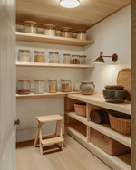 A bright Scandinavian pantry with open birch wood shelving, featuring a mix of modern glass jars with wooden lids and vintage ceramic crocks. A small wooden step stool sits on a light oak floor, with a modern ceiling light and a vintage-style task lamp providing illumination.