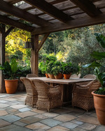 A rustic patio featuring a large flagstone patio surface, a solid wood dining table with woven rattan chairs, and terracotta planters filled with lush green plants under a natural wood pergola.