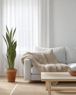 A bright Scandinavian living room with white walls, a light grey sofa, a simple birch wood coffee table, and a chunky knit throw in oatmeal. Sheer white linen curtains frame a window, and a tall Snake Plant in a terracotta pot adds greenery. — styling and décor detail