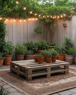 A budget-friendly Boho Backyard featuring a low wooden pallet coffee table, layered vintage rugs in muted terracotta and beige, and an assortment of potted green plants in upcycled terra cotta and ceramic containers, all illuminated by warm solar string lights strung overhead. — alternate angle