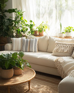 A cozy boho family room featuring a cream sectional sofa adorned with macrame and striped throw pillows, a round rattan coffee table, and an abundance of lush green plants in woven and ceramic planters, all bathed in natural light from a large window with sheer linen curtains.