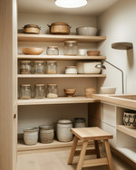 A bright Scandinavian pantry with open birch wood shelving, featuring a mix of modern glass jars with wooden lids and vintage ceramic crocks. A small wooden step stool sits on a light oak floor, with a modern ceiling light and a vintage-style task lamp providing illumination. — close-up of textures and materials