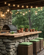 A cozy rustic outdoor kitchen featuring a stacked stone island with a natural wood countertop, a built-in grill, and string lights draped overhead. Terracotta pots with herbs sit on the counter, and comfortable wicker stools with green cushions are pulled up to the bar.