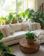A cozy boho family room featuring a cream sectional sofa adorned with macrame and striped throw pillows, a round rattan coffee table, and an abundance of lush green plants in woven and ceramic planters, all bathed in natural light from a large window with sheer linen curtains. — styling and décor detail