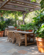 A rustic patio featuring a large flagstone patio surface, a solid wood dining table with woven rattan chairs, and terracotta planters filled with lush green plants under a natural wood pergola. — styling and décor detail