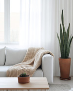 A bright Scandinavian living room with white walls, a light grey sofa, a simple birch wood coffee table, and a chunky knit throw in oatmeal. Sheer white linen curtains frame a window, and a tall Snake Plant in a terracotta pot adds greenery.