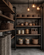 An industrial pantry featuring unfinished oak shelves, dark steel piping supports, and a polished concrete floor. Exposed Edison bulb pendants hang from the ceiling, illuminating woven wicker baskets and ceramic canisters in earthy tones.
