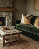 A Rustic Landscape living room featuring a deep forest green velvet sofa, a reclaimed wood coffee table, and a rough-hewn stone fireplace. Natural light illuminates the warm greige walls, complemented by woven jute rugs and subtle ochre throw pillows. — alternate angle