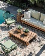 A boho poolside area featuring a mix of vintage wrought-iron chairs in sage green and a modern low-slung outdoor sofa with natural linen cushions. A reclaimed wooden coffee table sits on a layered outdoor rug with geometric patterns, surrounded by potted succulents and woven rattan accents. — close-up of textures and materials