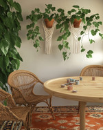 A bohemian game room with a light wood poker table, woven rattan chairs, a terracotta-colored vintage rug, and lush Pothos plants hanging from macrame holders, all bathed in warm, soft lighting. — close-up of textures and materials